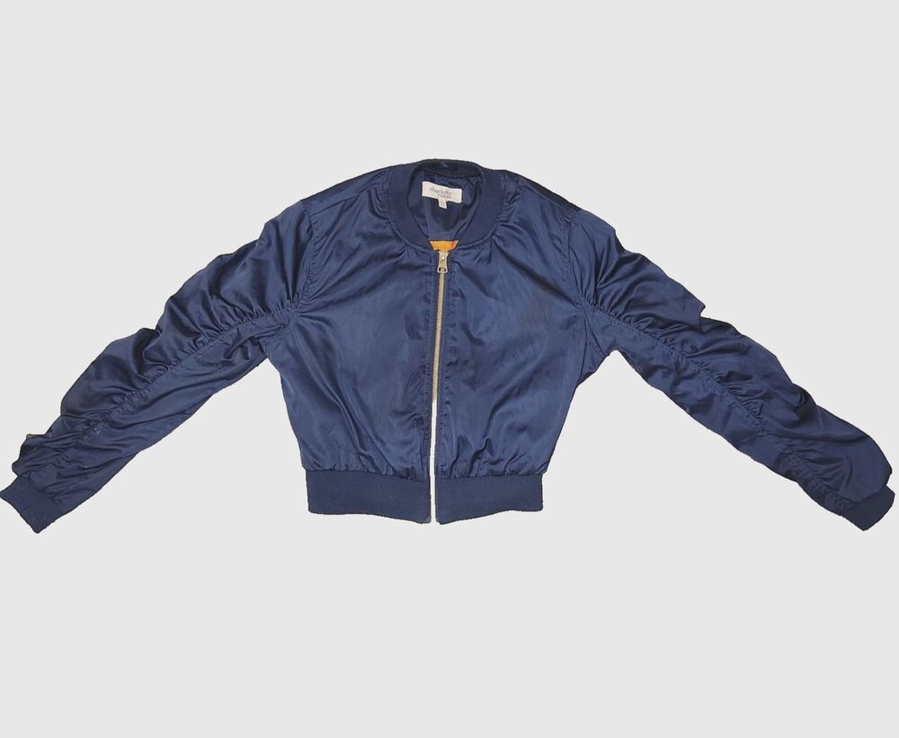 Charlotte Russe Cropped Y2K Bomber Jacket Sz XS Ruched Sleeves Zip Front Navy